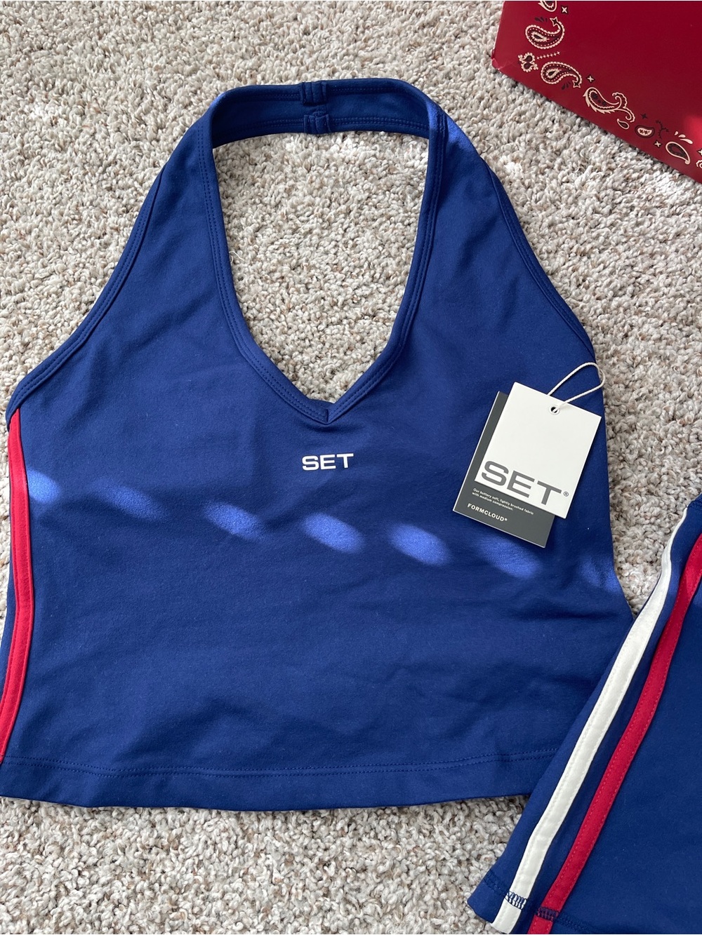 SET Active Navy Halter Crop Tank with Red & White Side Stripes
